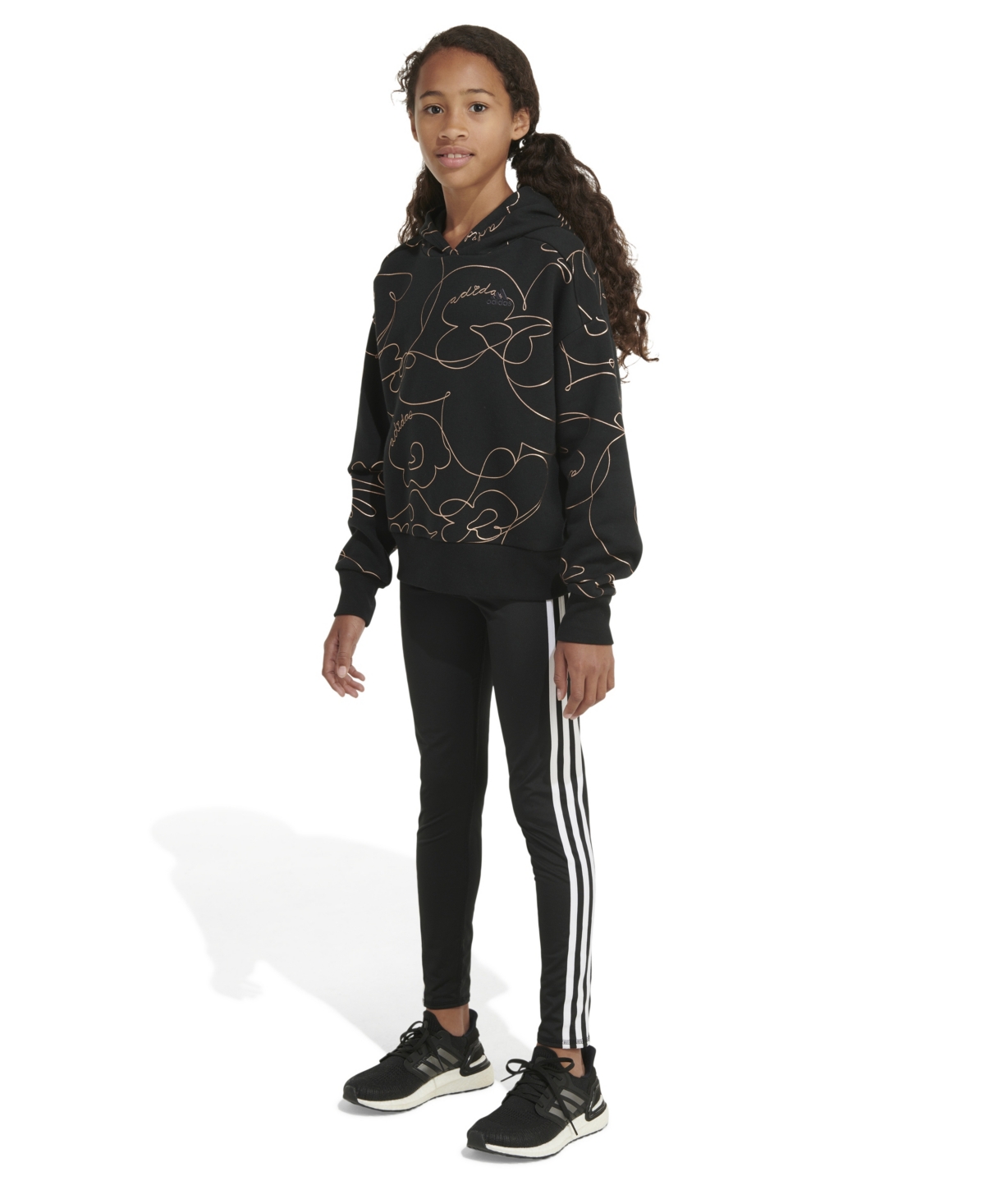 Shop Adidas Originals Big Girls Long Sleeve Printed Script Pullover Hoodie In Black With Gold