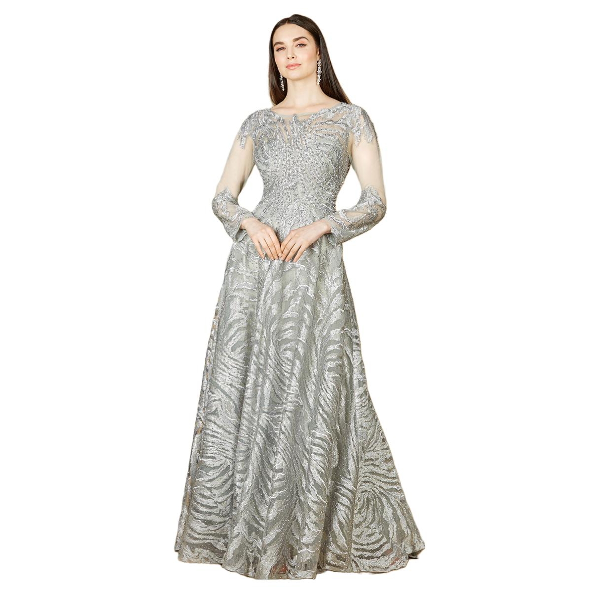 Women's Lara Lace Ball Gown with Long Sheer Sleeves - Slate