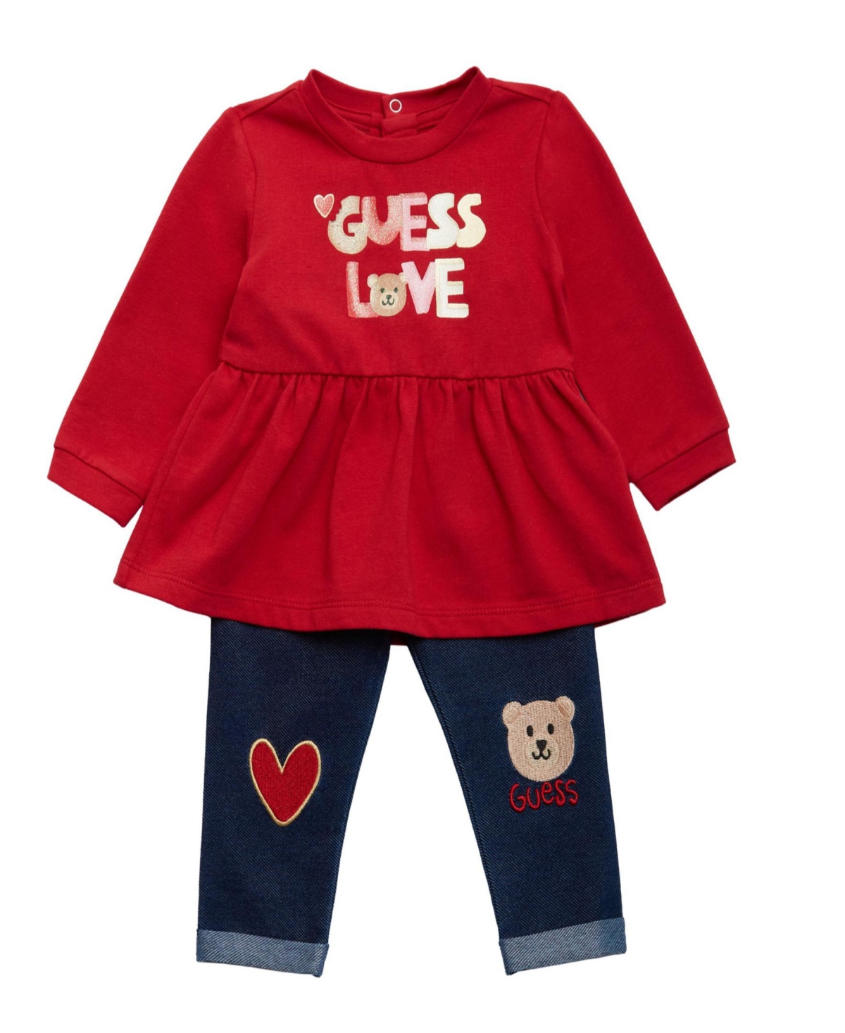Guess Baby Girls Stretch Jersey Glitter Logo Peplum Top And Knit Denim Embroidered Artwork Jeans, 2 Piece In Red