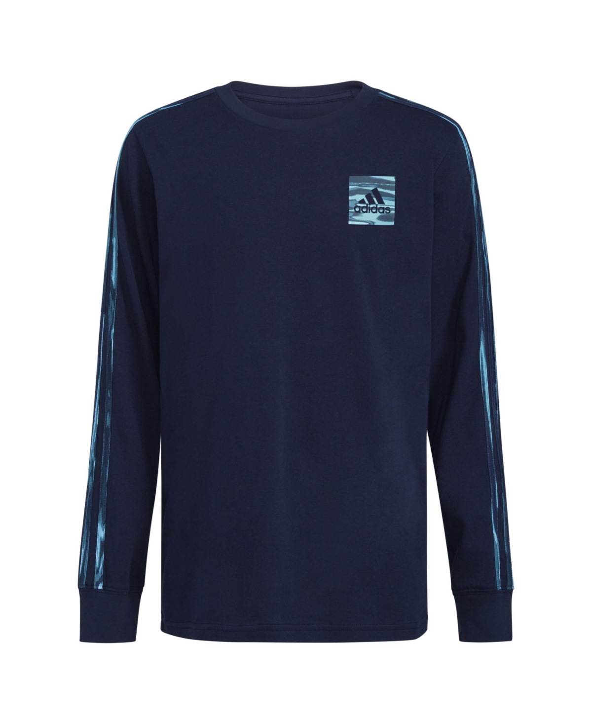 Adidas Originals Kids' Big Boys Long Sleeve Liquid Camo 3-stripe T-shirt In Collegiate Navy With Pulse Aqua