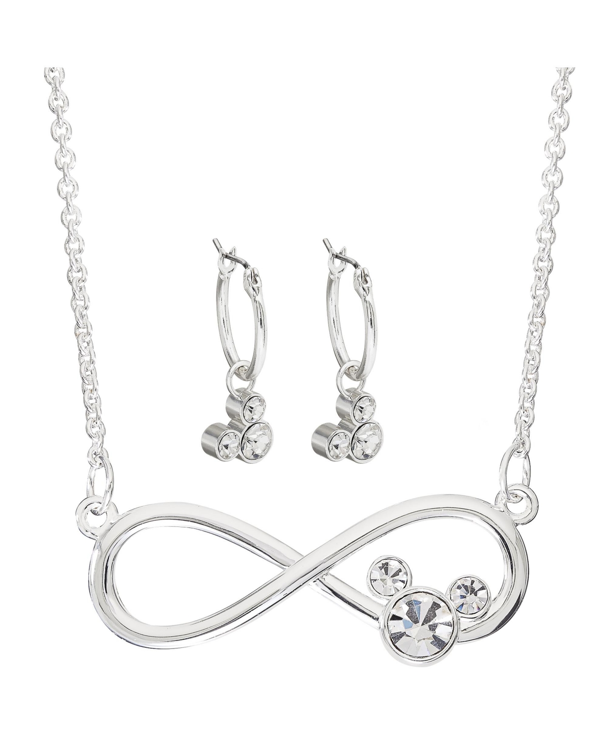 Mickey Mouse Womens Infinity Necklace and Hoop Dangle Earrings Set, Silver Plated Crystal Accents - 18" - Silver tone