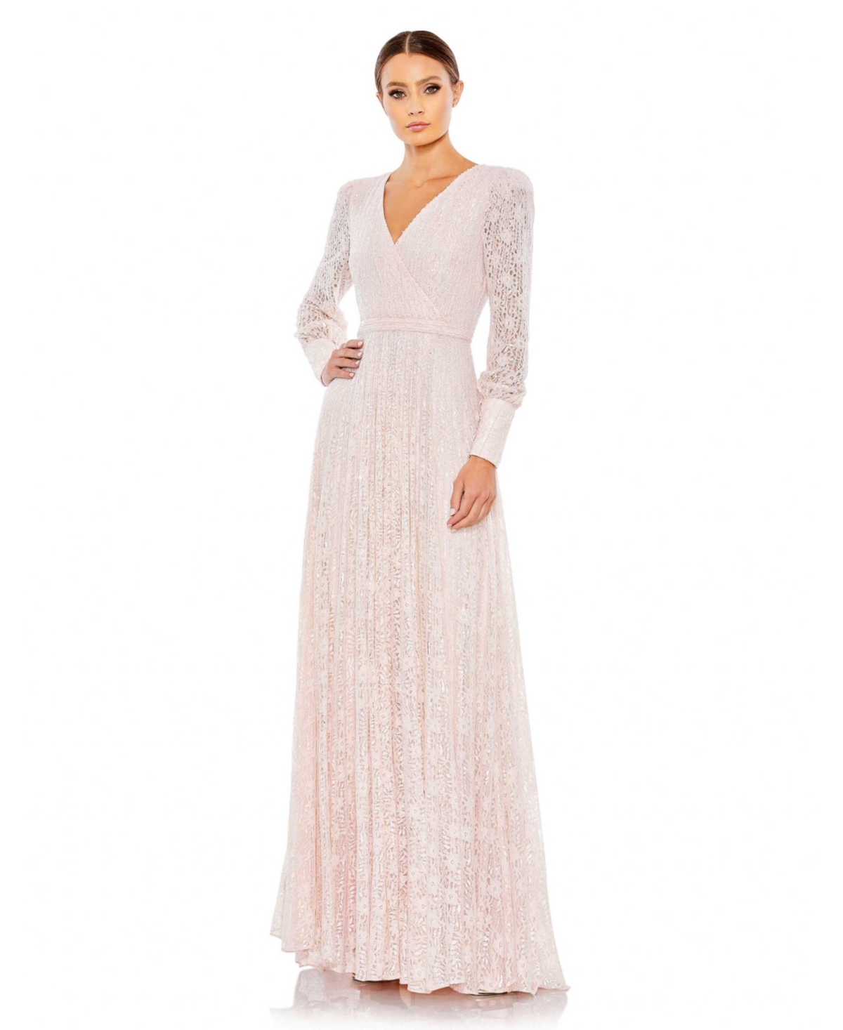 Women's Beaded Lace Long Sleeve Wrap Over Gown