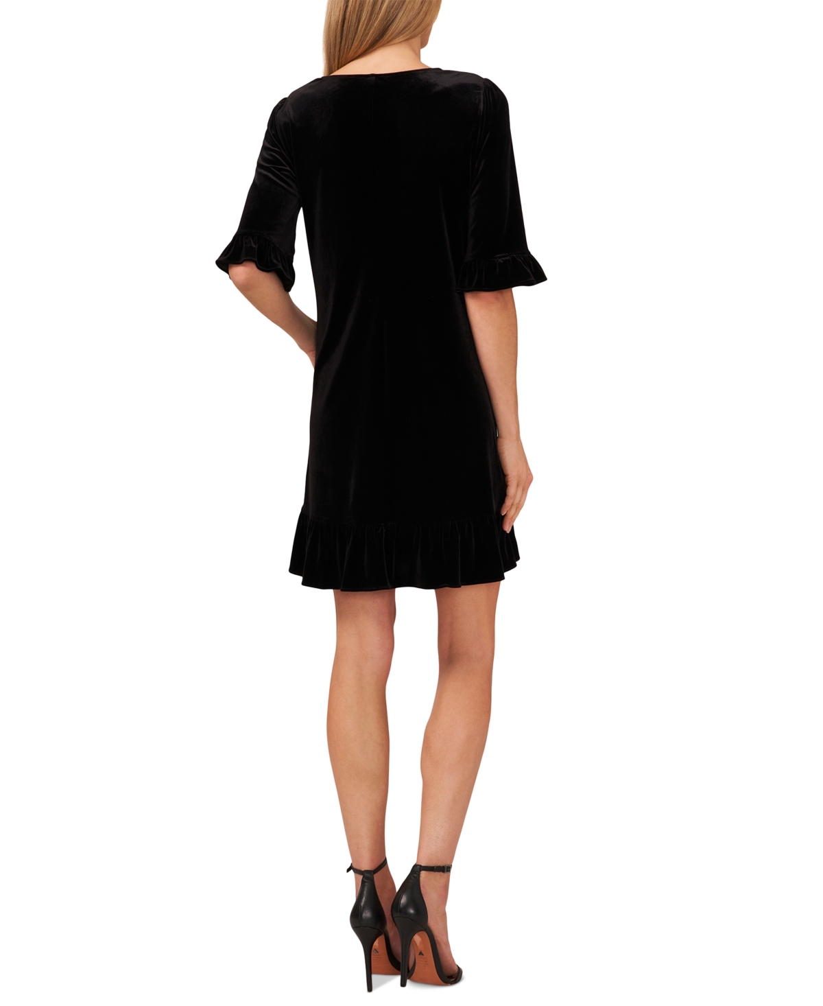 Shop Cece Women's Velvet 3/4-sleeve Ruffle Trim Shift Dress In Rich Black