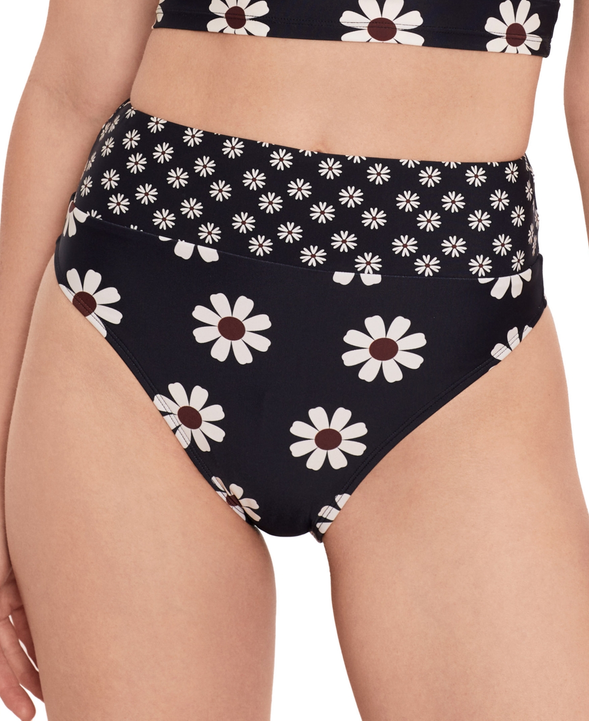 Juniors' Daisy-Print High Waist Bikini Bottoms, Created for Macy's - Black Multi