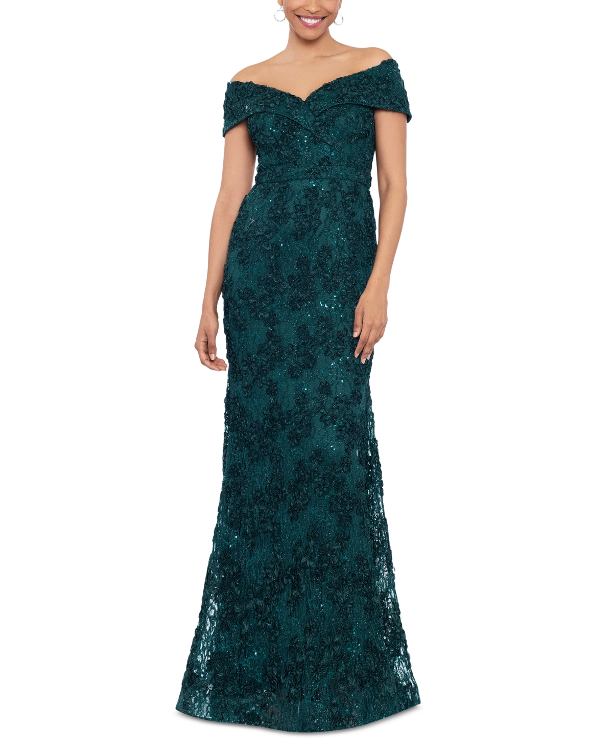 Xscape Off-the-shoulder Lace Gown In Hunter