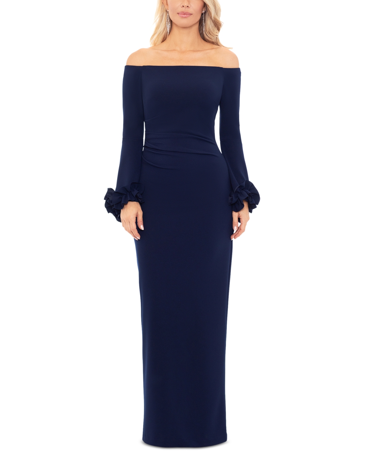 Xscape Womens Off-the-shoulder Ruffled Evening Dress In Navy