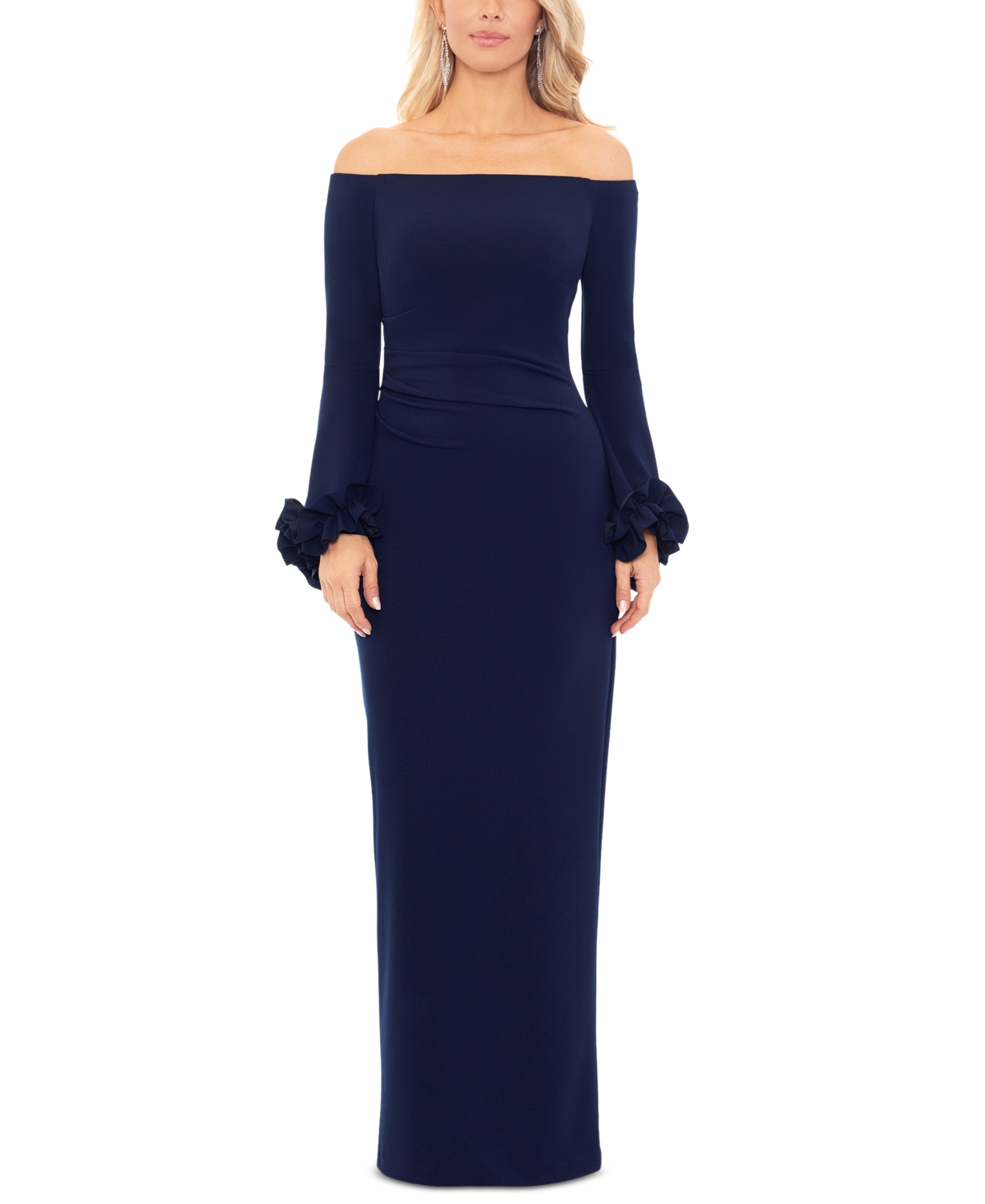 Xscape Women's Off-the-shoulder Ruffle-cuff Dress In Navy