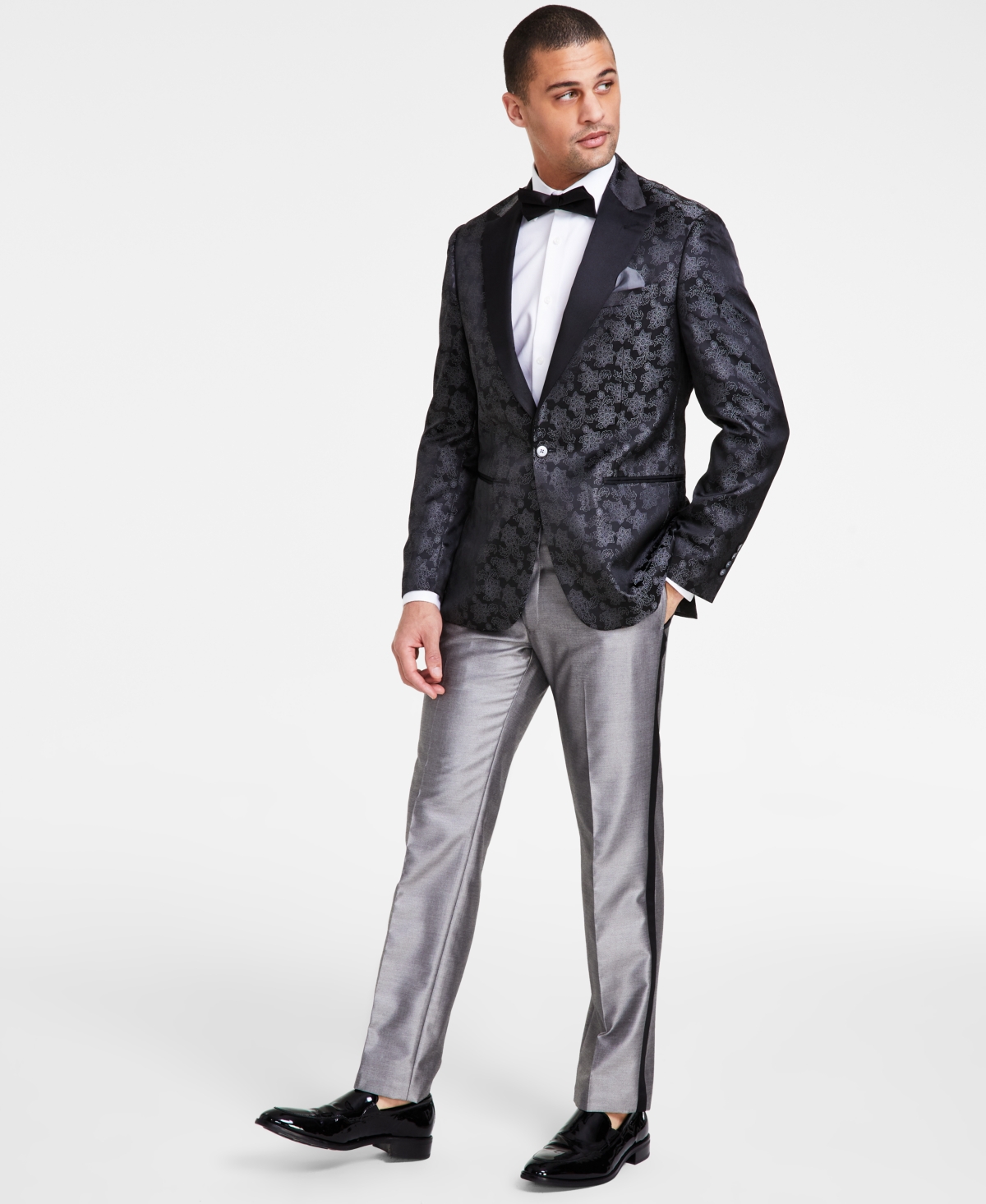 Shop Tallia Men's Slim-fit Floral Jacquard Sport Coat In Black,silver