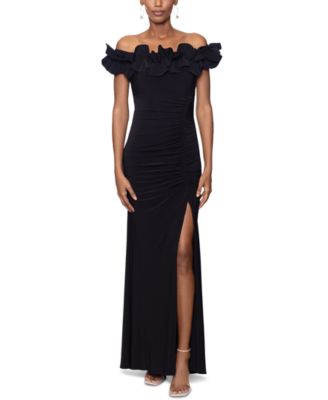 XSCAPE Womens Ruffled Flutter Off Shoulder Knee Length Evening Tulip Dress