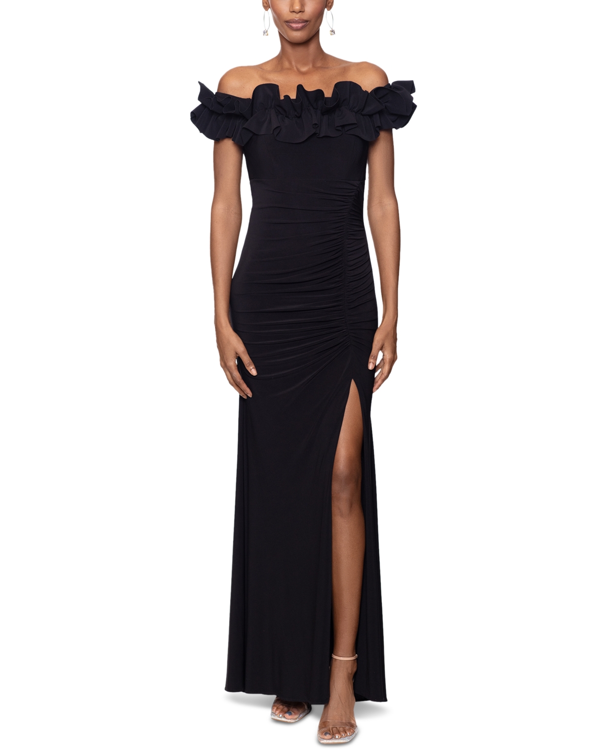 Xscape Petite Ruffled Off-the Shoulder Gown In Black