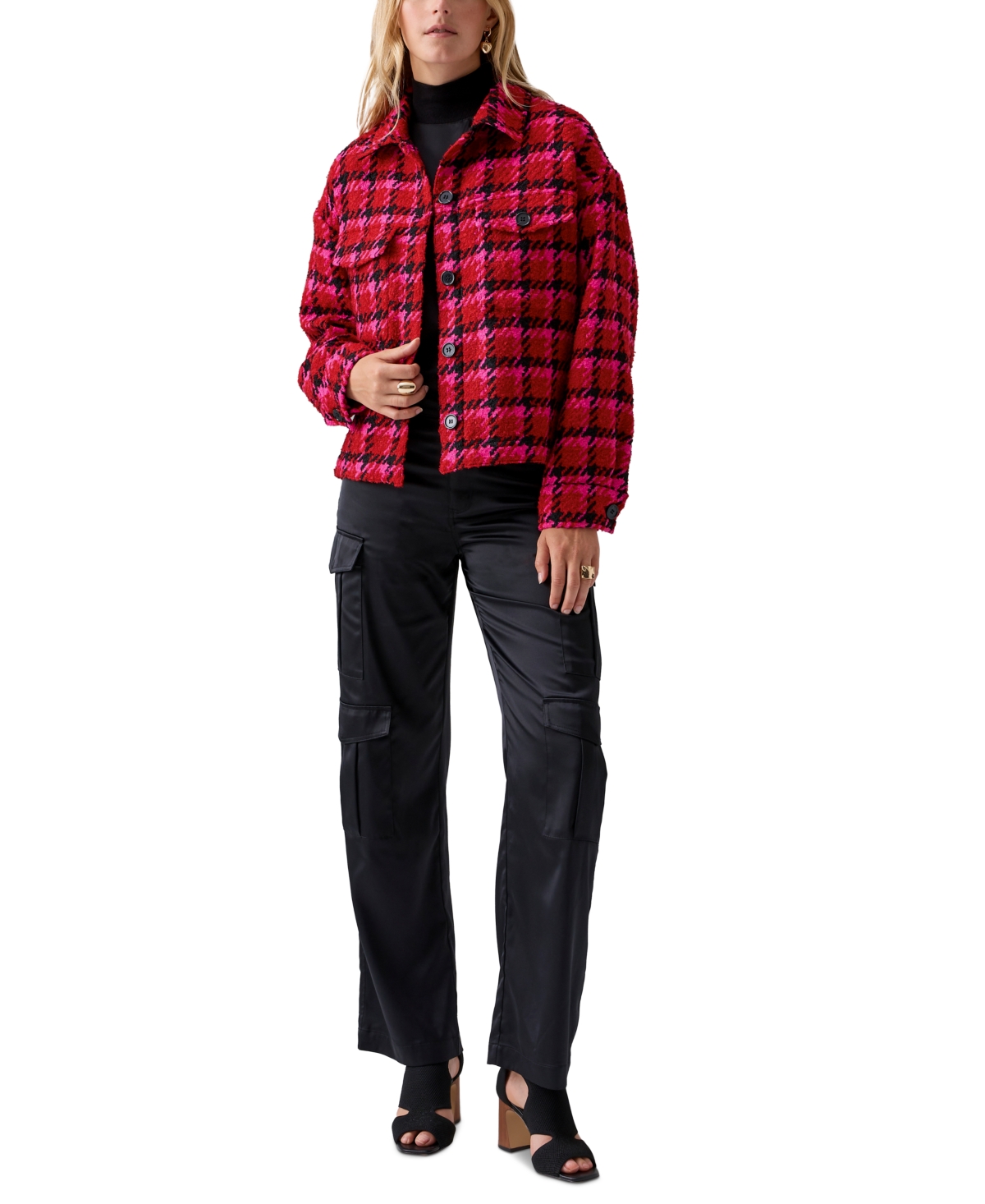 Women's Plaid Button-Front Long-Sleeve Jacket - Lipstick Red Plaid