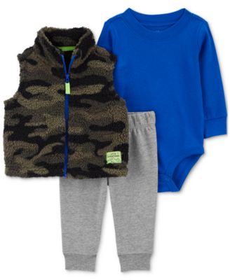 Carter's - Baby Boys 3-Pc. Camouflage Full-Zip Fleece Vest, Long-Sleeve Bodysuit & Solid Pants Set