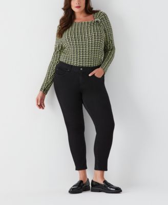 Plus Size Houndstooth Print Asymmetric Neck Long Sleeve Top