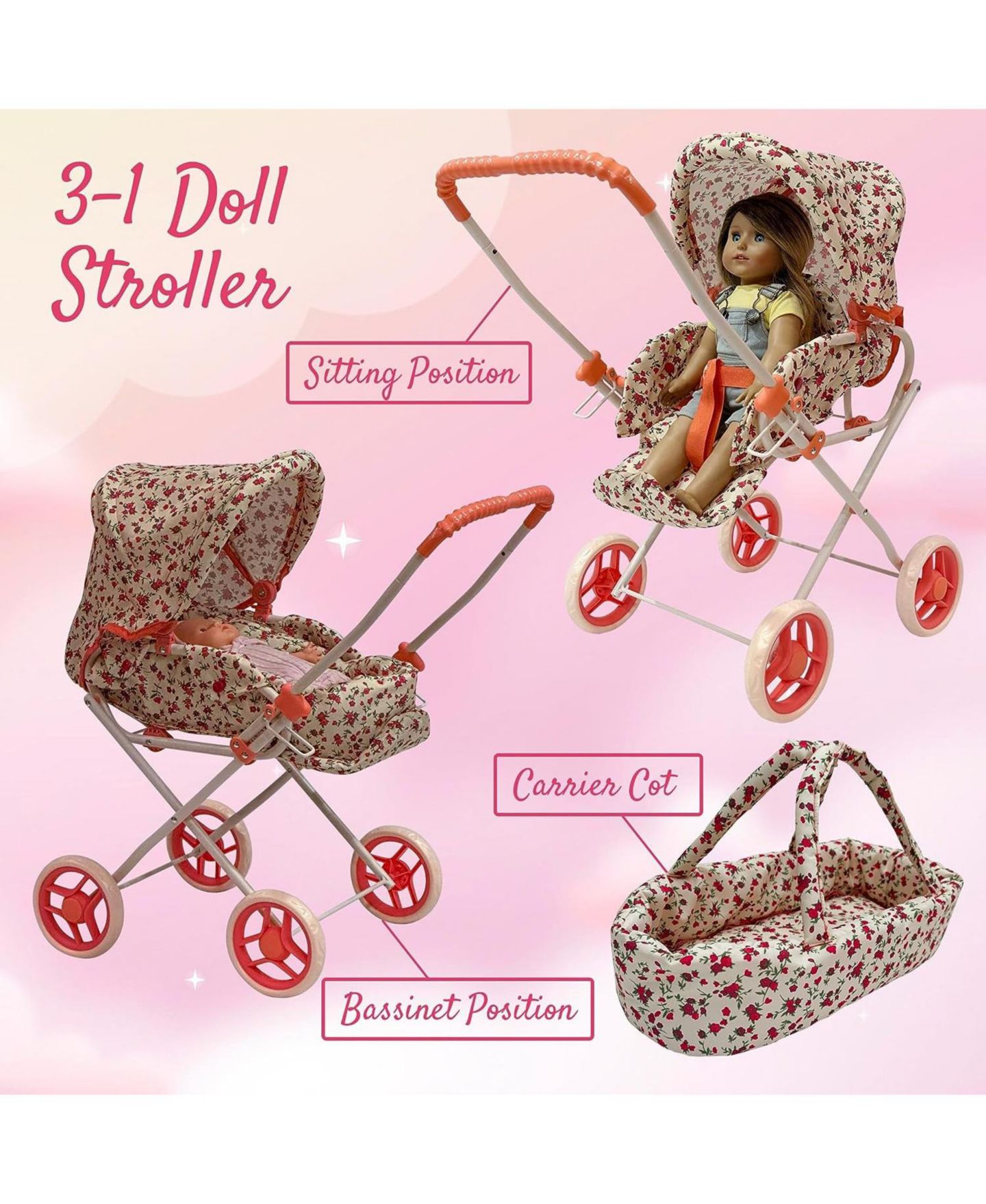 Аксессуары для кукол The New York Doll Collection 18-Inch Convertible Doll Bassinet Stroller, Ages 3+, цвет: Бежевый — фото 3
