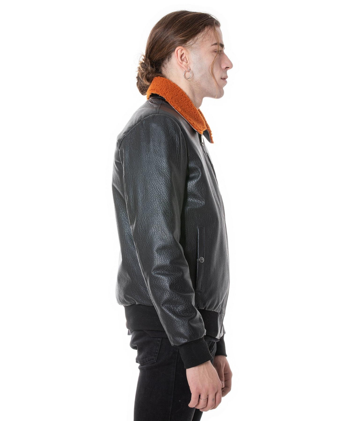 Furniq Uk Men's Genuine Leather Bomber Jacket with Shearling Lining,Nappa And Orange Curly Wool - Black