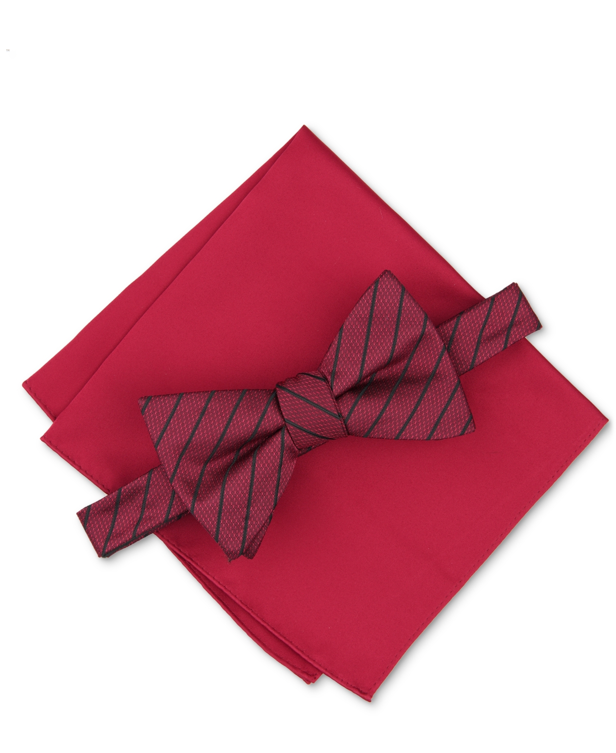 Men's Linden Stripe Bow Tie & Solid Pocket Square Set, Created for Macy's - Burgundy