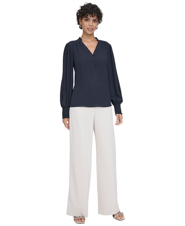 V Neck Cotton Smock Blouse Navy