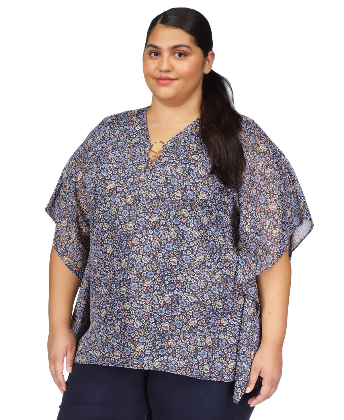 Michael Kors Michael  Trendy Plus Size Floral-print Ring-hardware Top In Dusty Rose