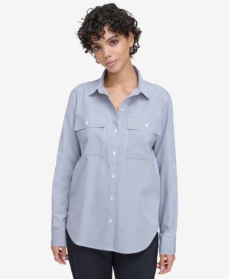 Calvin Klein Women's Striped Cotton Button-Front Shirt Macy's
