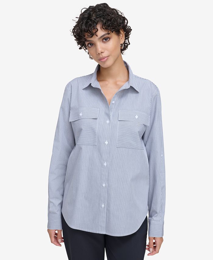 Calvin Klein Women's Striped Cotton Button-Front Shirt - Macy's