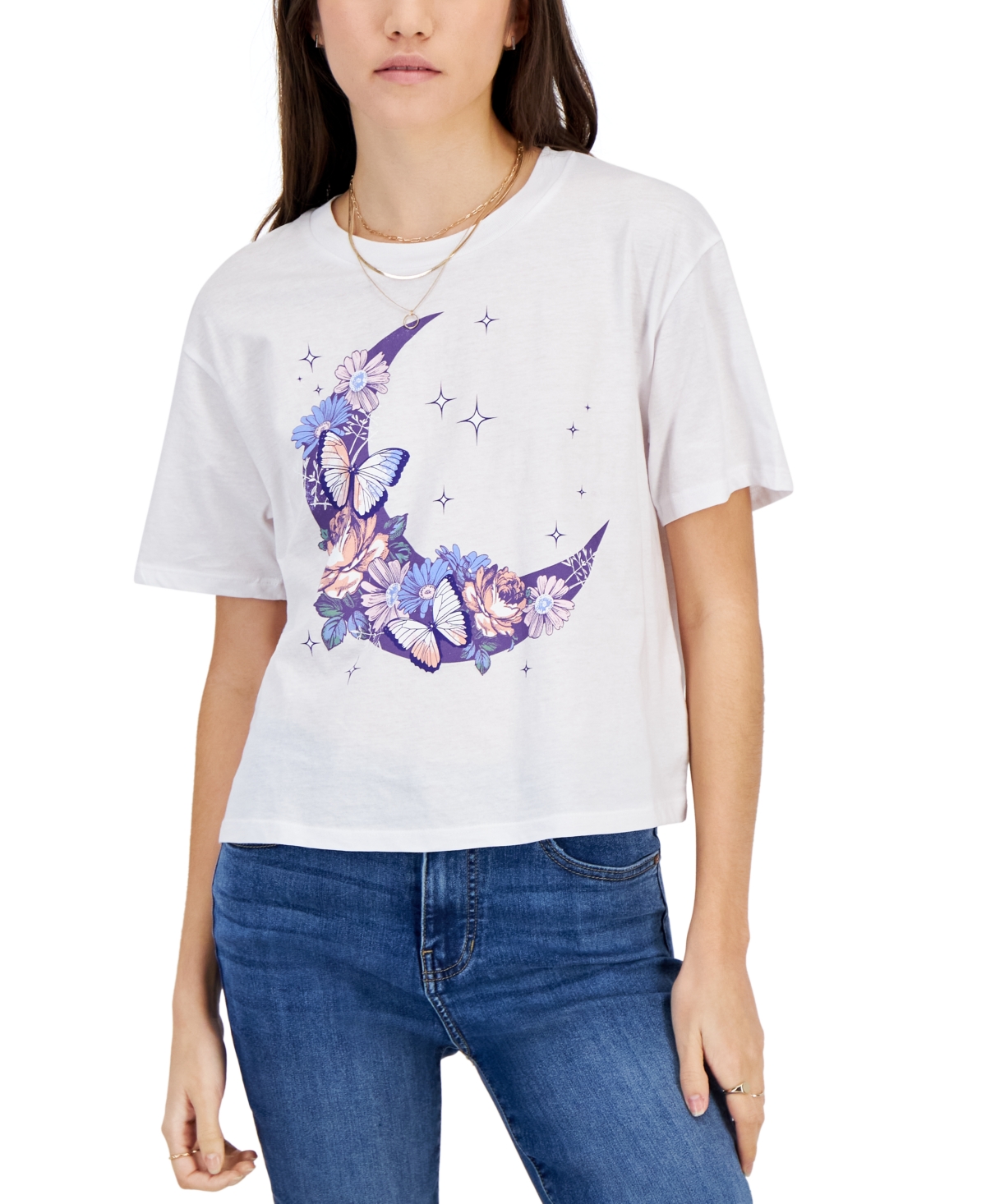 Rebellious One Juniors' Short-sleeve Butterfly Moon Graphic T-shirt In White