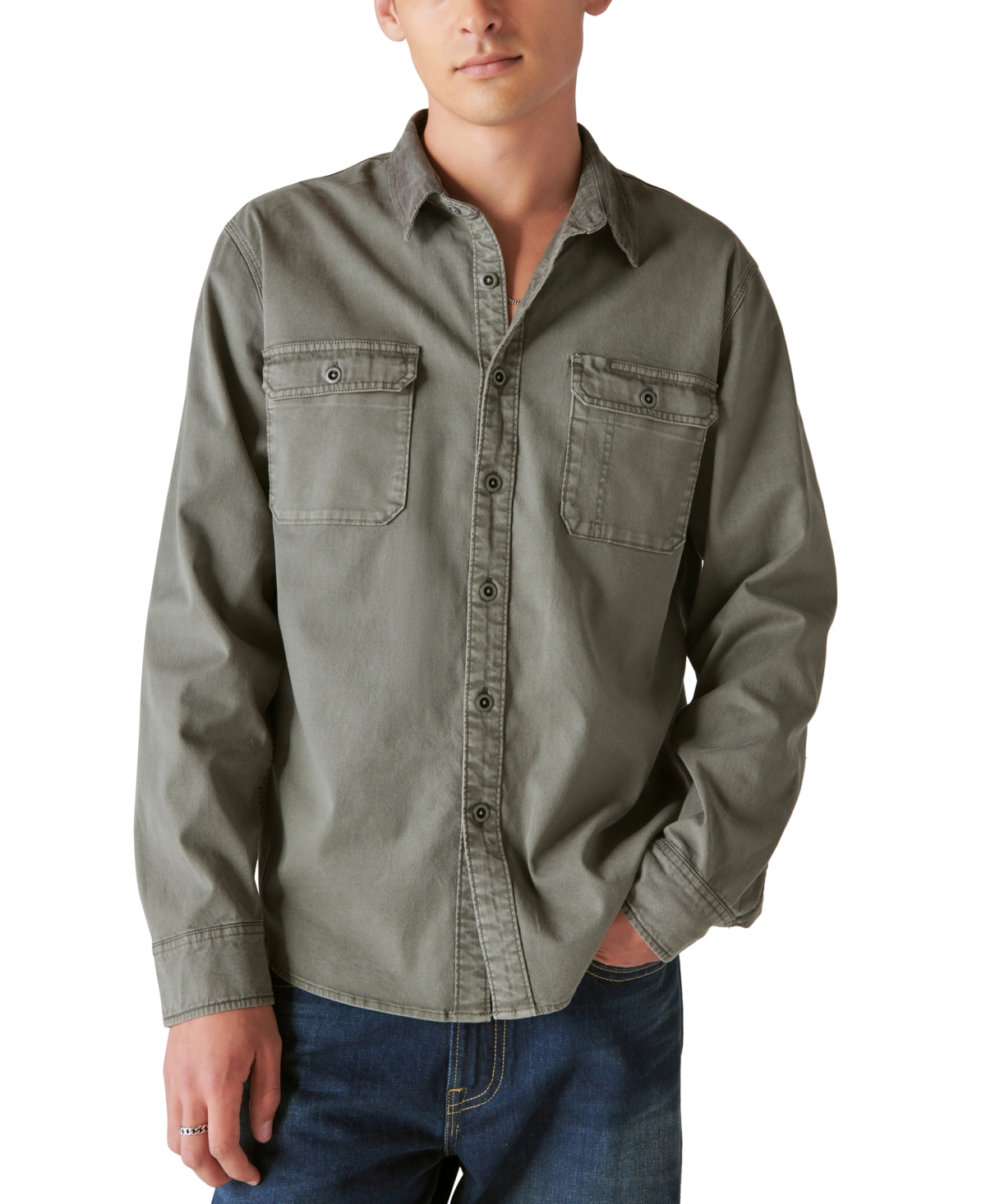 Men's Corduroy-Collar Long Sleeve Button-Front Utility Shirt - Castor Gray