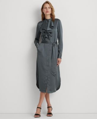Lauren Ralph Lauren - Women's Ruffle-Trim Satin Charmeuse Shirtdress