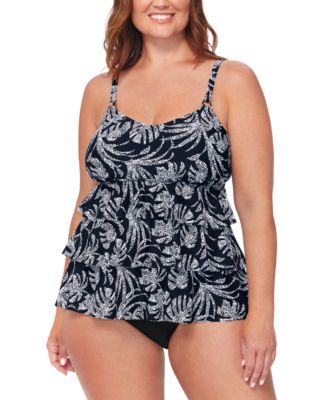Island Escape Plus Size Tiered Printed Tankini Top High Waist Bottoms Created For Macys In Black Multi