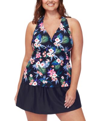 Island Escape Plus Size Floral Print H Back Tankini Top Swim Skirt Created For Macys In Black Multi