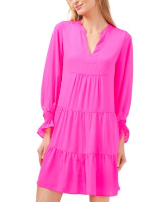 Women's Split-Neck Balloon-Sleeve Tiered A-line Dress