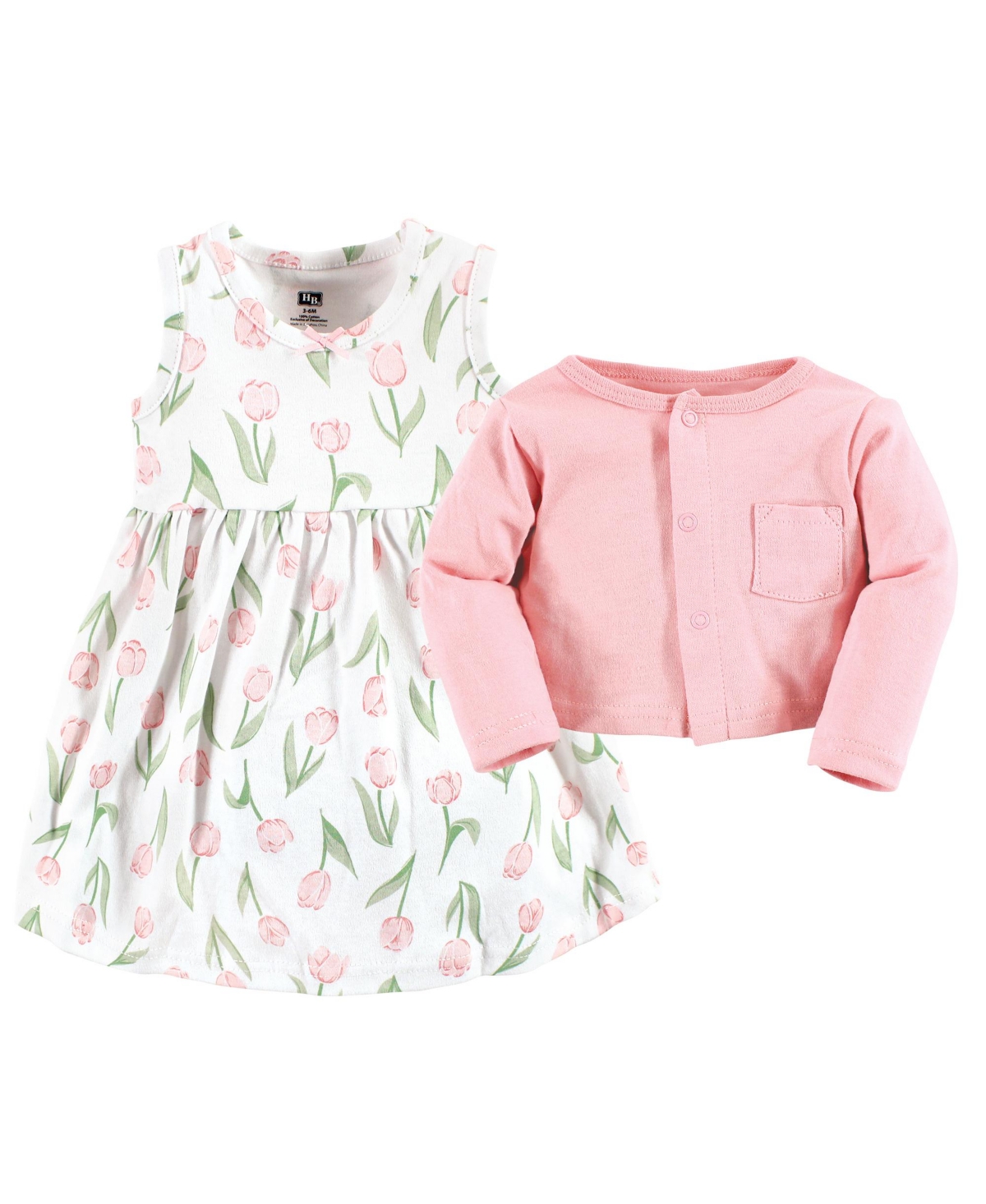 Hudson Baby Toddler Girls Cotton Dress and Cardigan Set,- Pink tulips