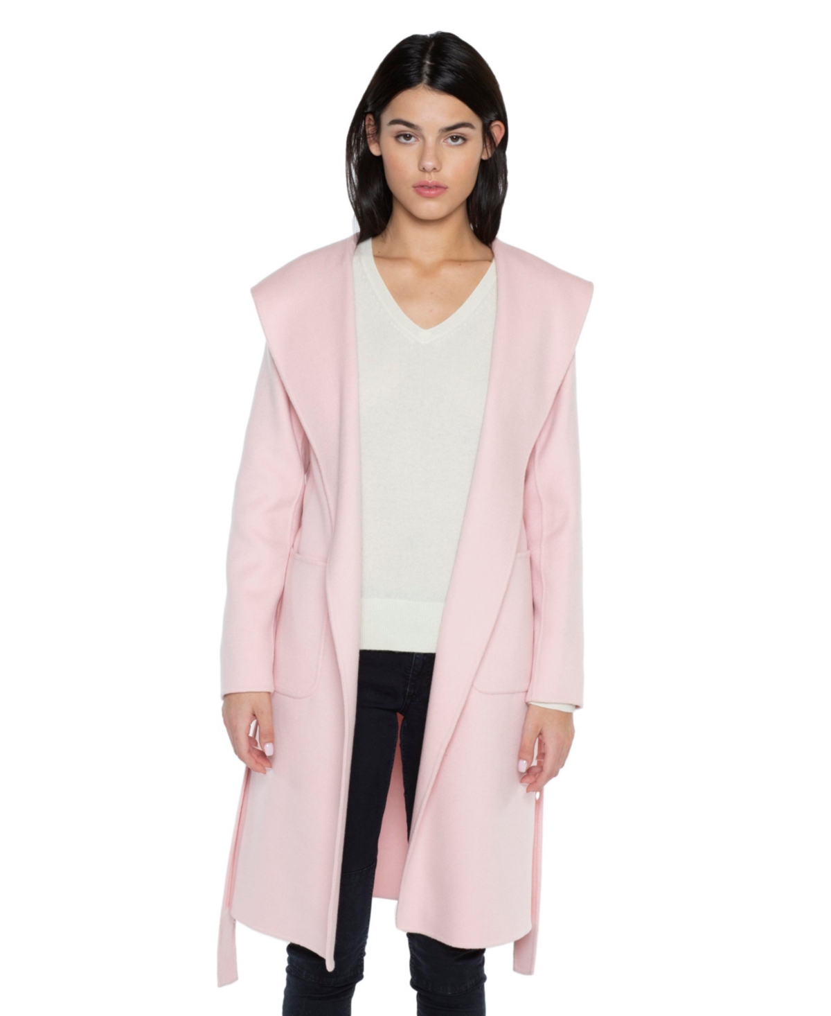 Women's Cashmere Wool Double Face Hooded Overcoat with Belt - Pink