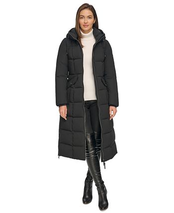 DKNY Women's Mixed-Media Belted Hooded Maxi Puffer Coat - Macy's