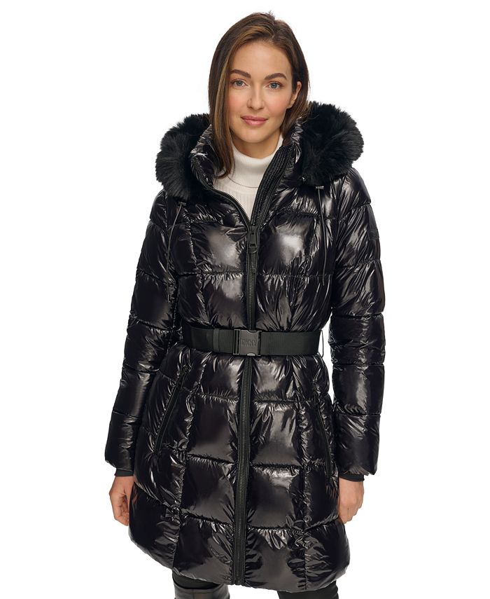 DKNY Women's Belted Faux-Fur-Trim Hooded Puffer Coat - Macy's