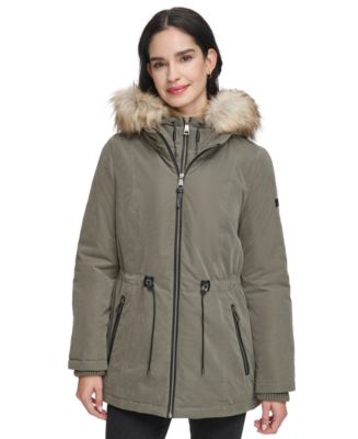 DKNY Faux Fur Hood Belted Anorak Olive XS (0-2) at  Women's Coats Shop