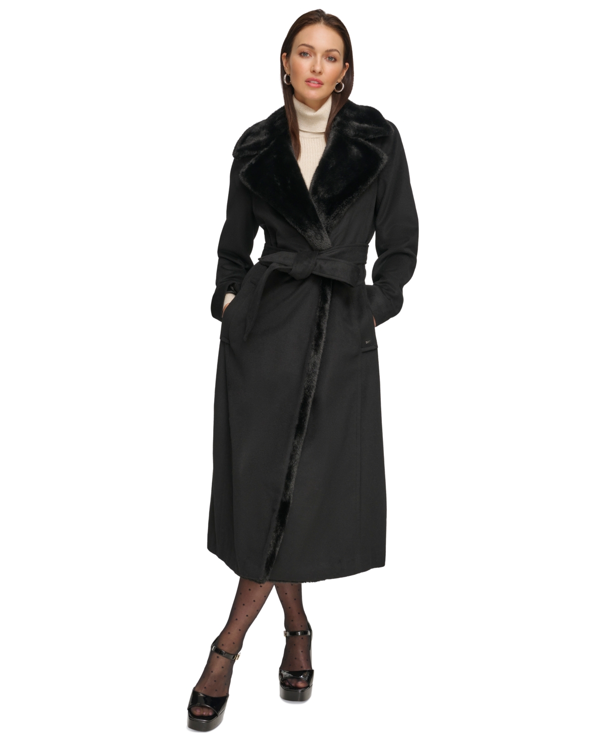 Women's Faux-Fur-Trim Maxi Wool Blend Wrap Coat - Black