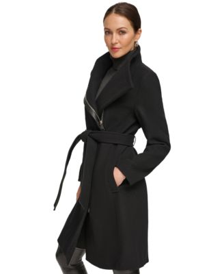 Women's Asymmetrical Belted Funnel-Neck Wool Blend Coat