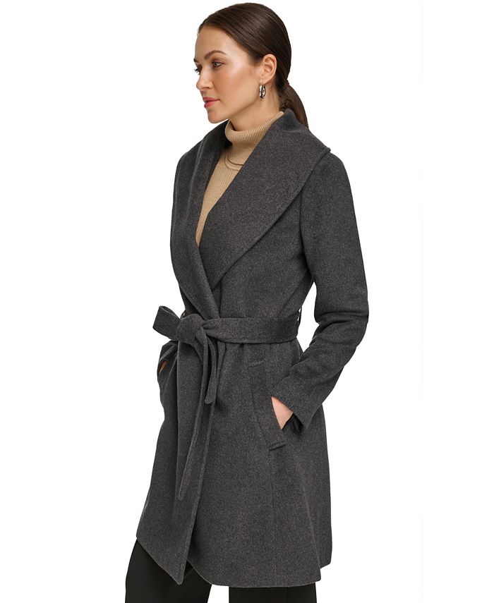 Dkny Womens Shawl Collar Wool Blend Wrap Coat Macys 