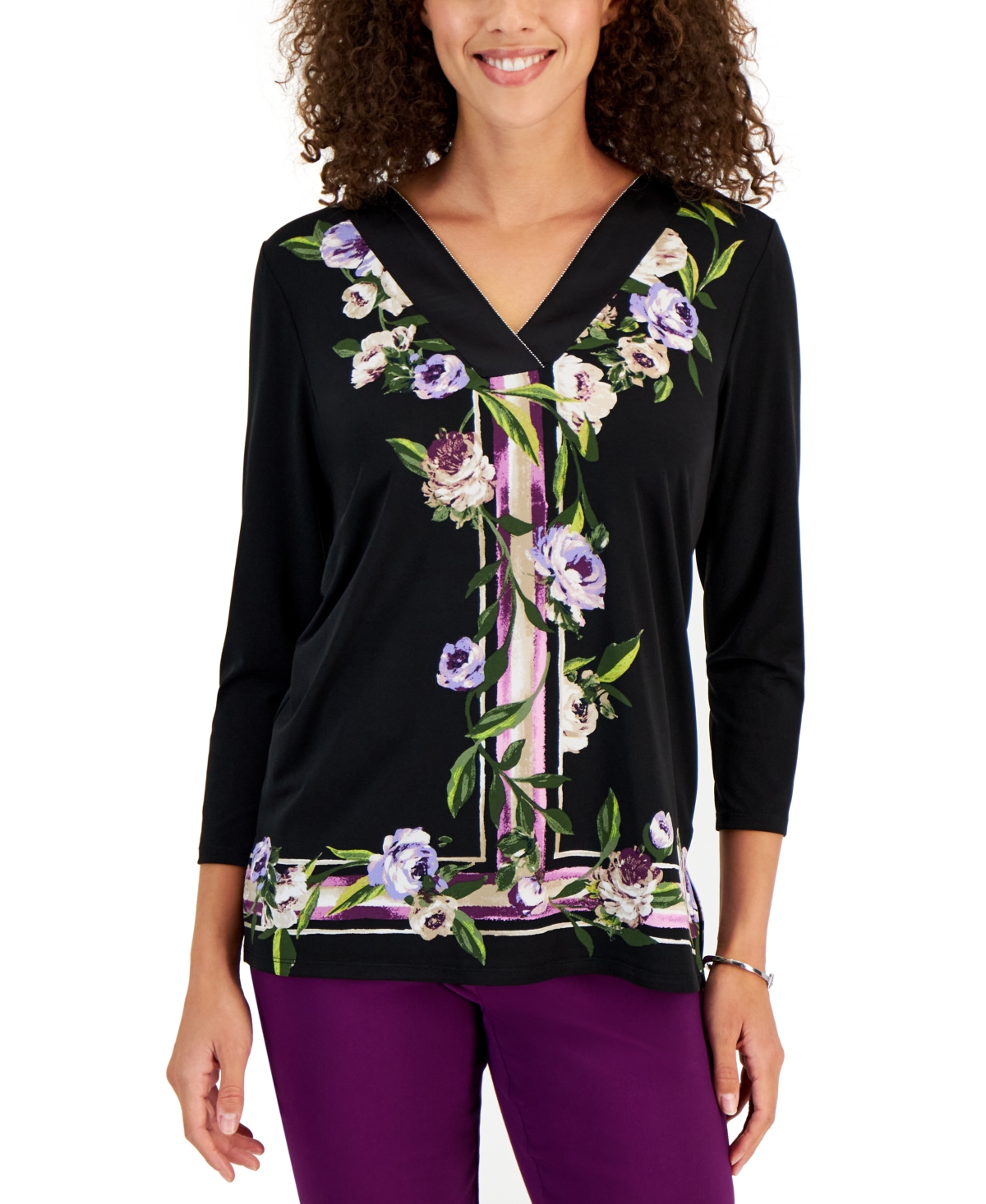 Jm Collection Women's Bianca Floral-print V-neck Tunic, Created For Macy's In Deep Black Combo
