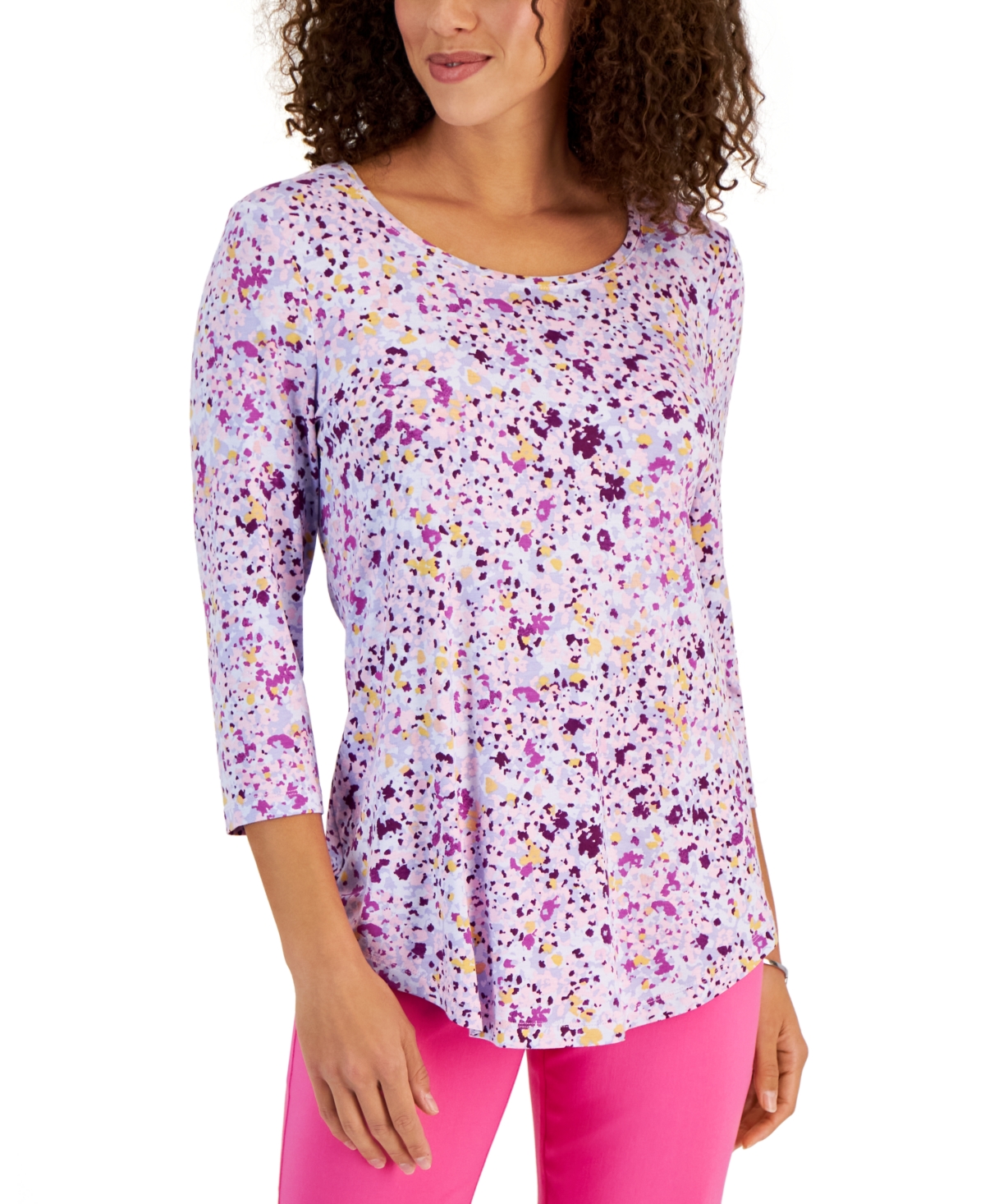 Jm Collection Women's Scoop Neck 3/4 Sleeve Printed Knit Top, Created For Macy's In Light Lavendar Combo