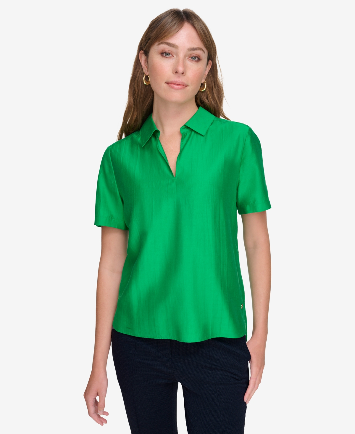 Tommy Hilfiger Women's Satin Collared Popover Blouse In Jolly Green