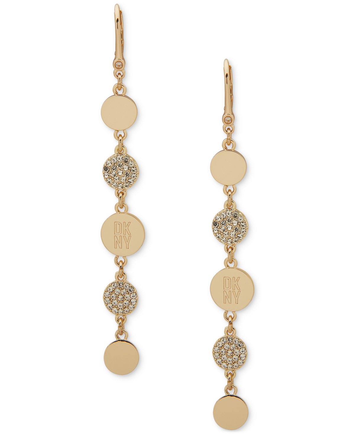 Dkny Gold-tone Crystal Pave Logo Disc Linear Earrings In White