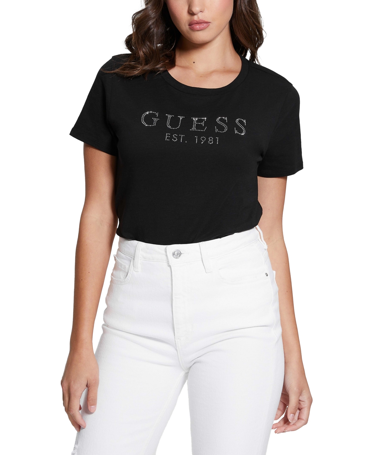 GUESS WOMEN'S 1981 CRYSTAL LOGO COTTON T-SHIRT 