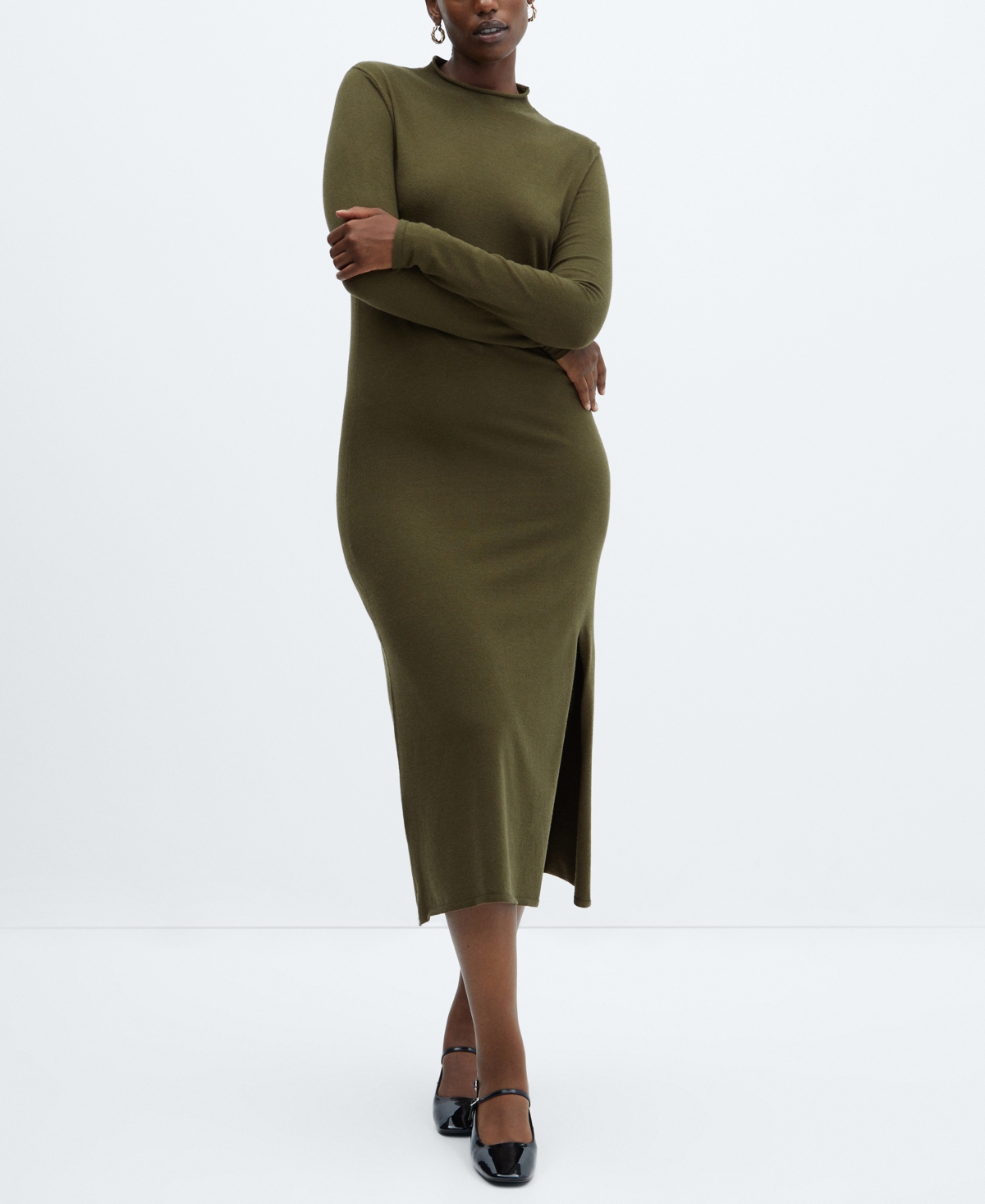 Mango Women's Side Slit Knitted Dress - Khaki | Smart Closet
