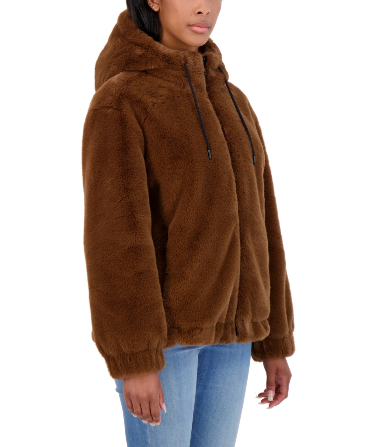 Juniors' Women ' Reversible Faux Fur Hooded Bomber Jacket - Tan