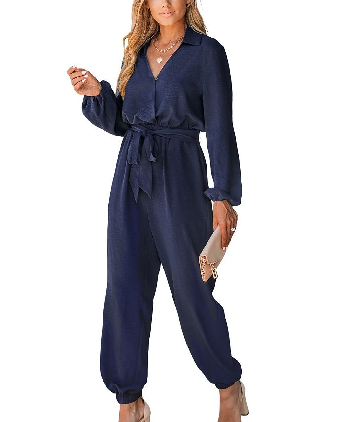 CUPSHE Women's Midnight Blue Belted Jogger Jumpsuits - Macy's