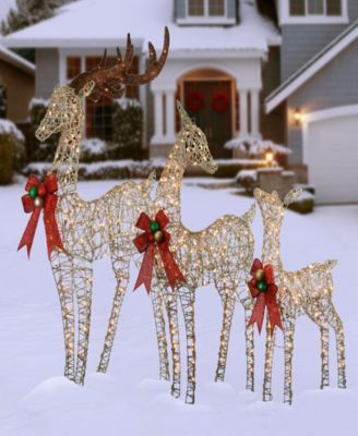 60", 52" & 36" Champagne Glittered Deer Family of 3 with Clear Lights