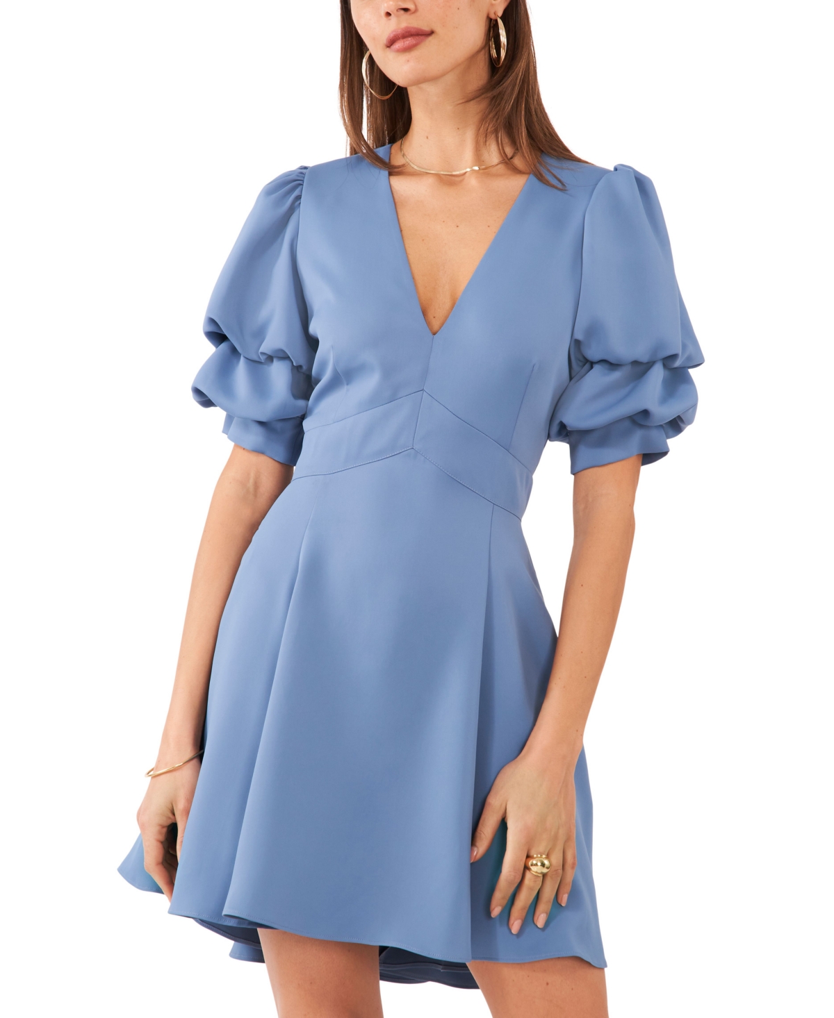 1.state Women's V-neck Tiered Bubble Puff Sleeve Mini Dress In Bluestone