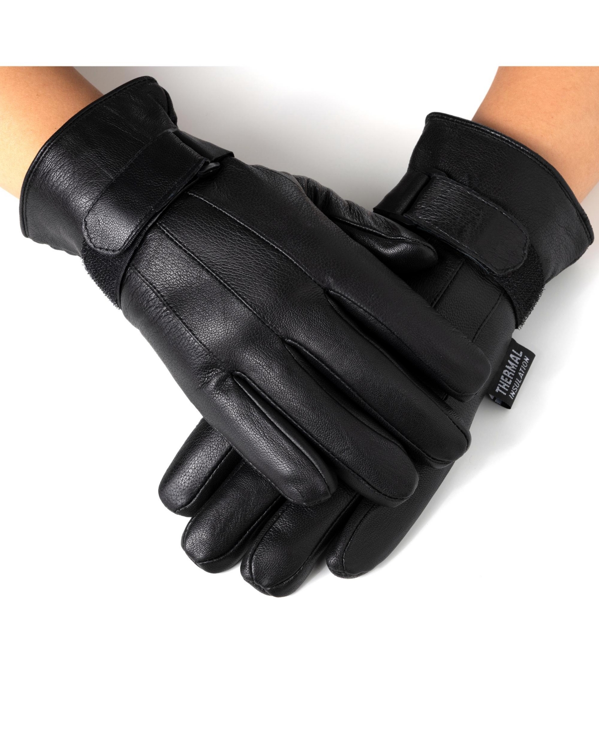 Mens Gloves Dressy Genuine Leather Warm Thermal Lined Wrist Strap - Black