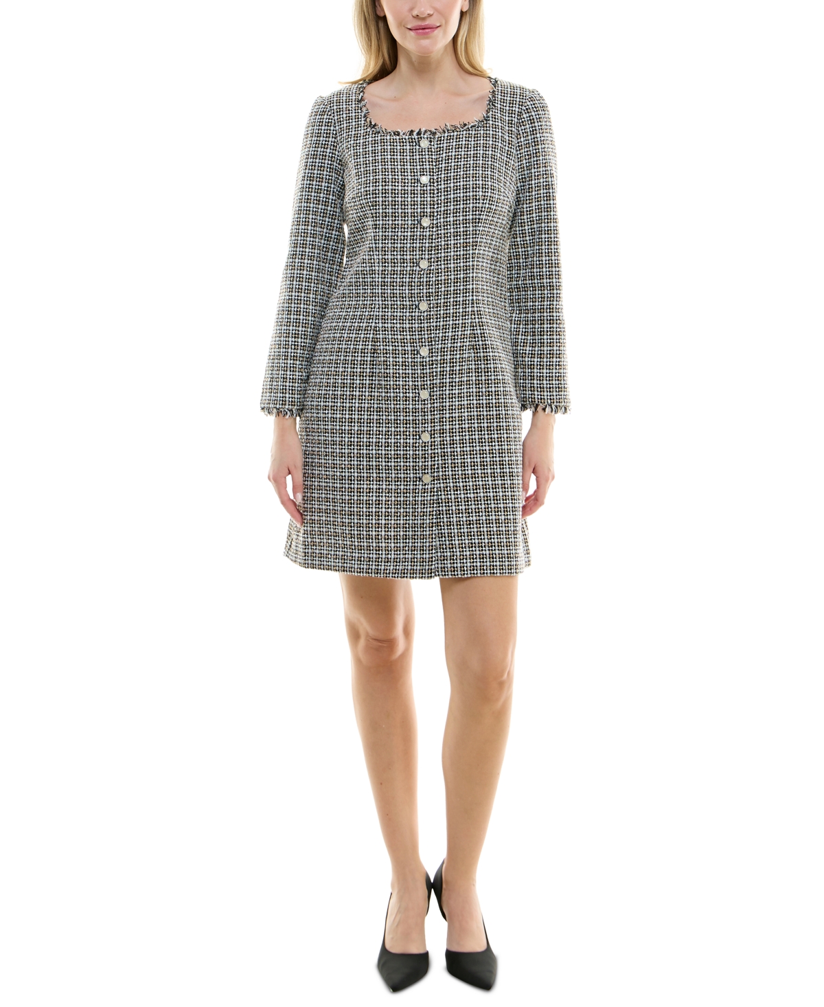 Women's Boucle Button-Front Fringe Dress - Black/tan